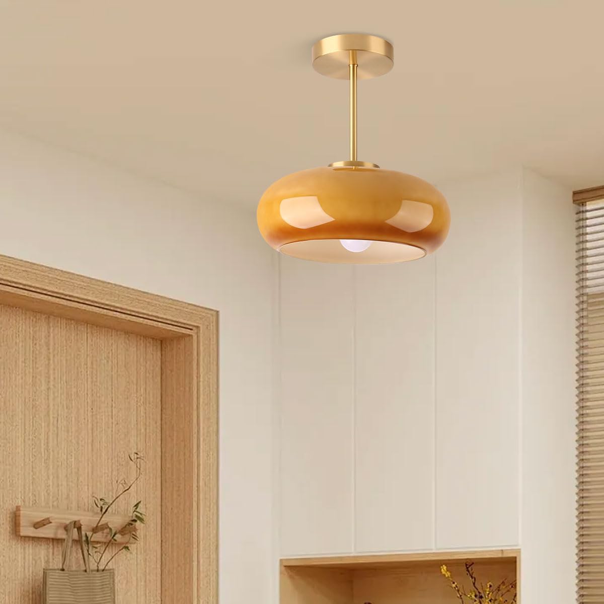 Brass Modern Hallway Ceiling Light - Orange Glass Ceiling Lamp with Dome Shade, Gold Mid Century Semi Flush Mount, Bedroom Entrance Light Fixture