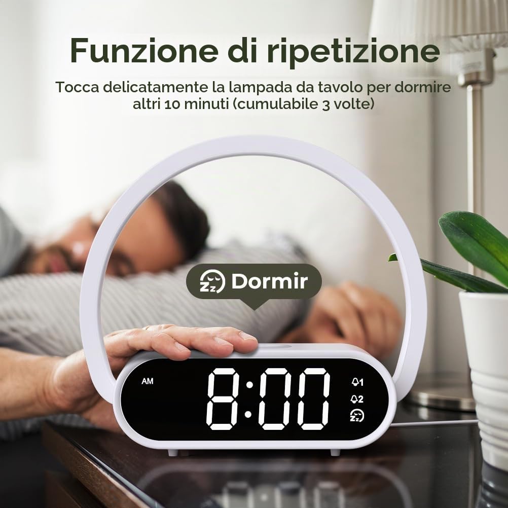 Comodino Lampada con Ricarica Wireless 15W, Sveglia Digitale Doppia Alarme, 3 Regolazioni Luminosità Touch Control, Luce LED per Camera da Letto, Ufficio