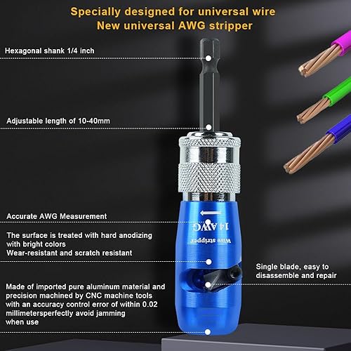 Miniatura 6 de Pelacables para taladro mejorado 2025 (14-12-10-8-6 AWG)  Herramienta pelacables universal eléctrica para taladro, incluye 5 pelacables, 2 torcidos