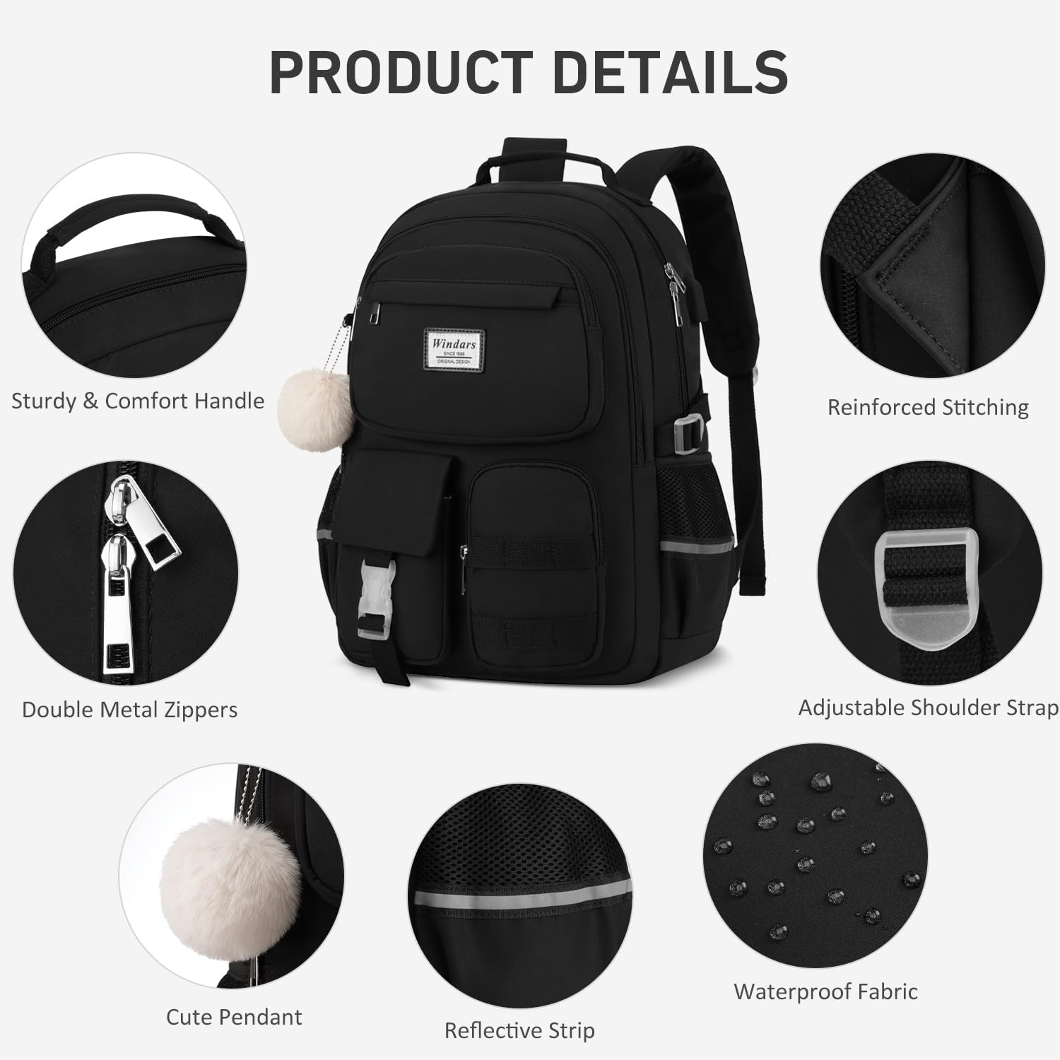 School Backpack for Teen Girls, Cute Laptop Backpack for Women Students, Middle High School Bags Aesthetic Bookbag for College Travel Fit 15.6 Inch Laptop (Black) - Image 4