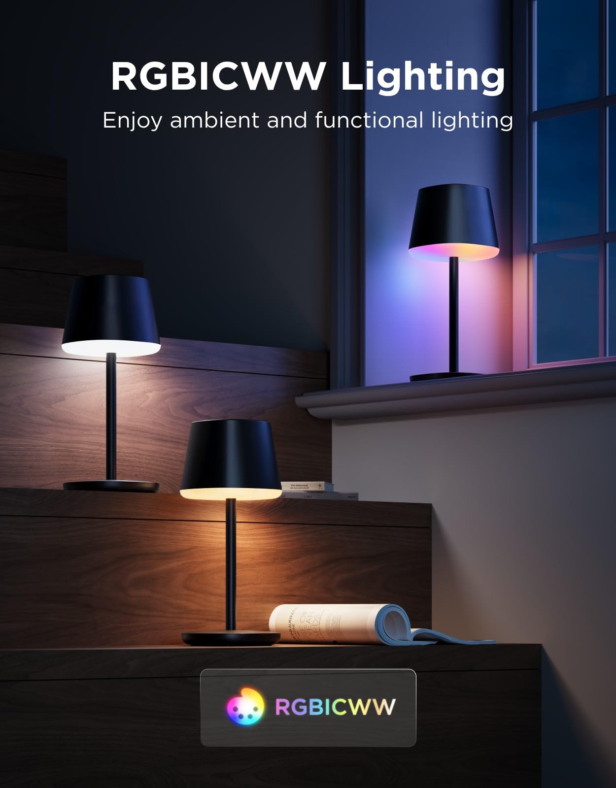 Govee Smart Cordless Table Lamp Classic, RGBIC Rechargeable Table Lamp for Bedroom, Living Room, Portable Desk Lamp Works with Matter, Alexa, LED Bedside Lamp with 72 Scenes Modes, Timer, 500lm - 3