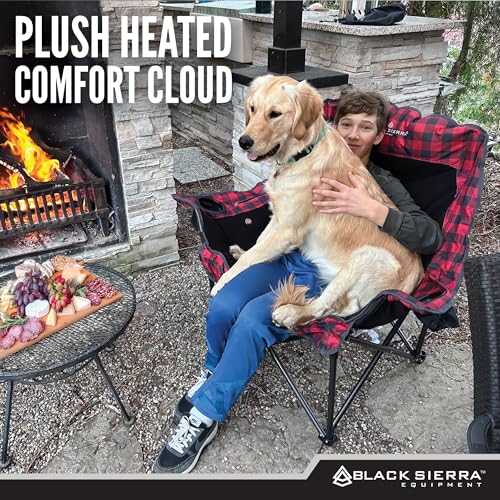 Black Sierra Heated Camping Chair for Adults, Oversized Outdoor Seat with Plush Padding, Supports 400lbs, Cup Holders and Carry Bag, Heavy Duty Folding Chair for Tailgating, Patio, or Sideline Comfort