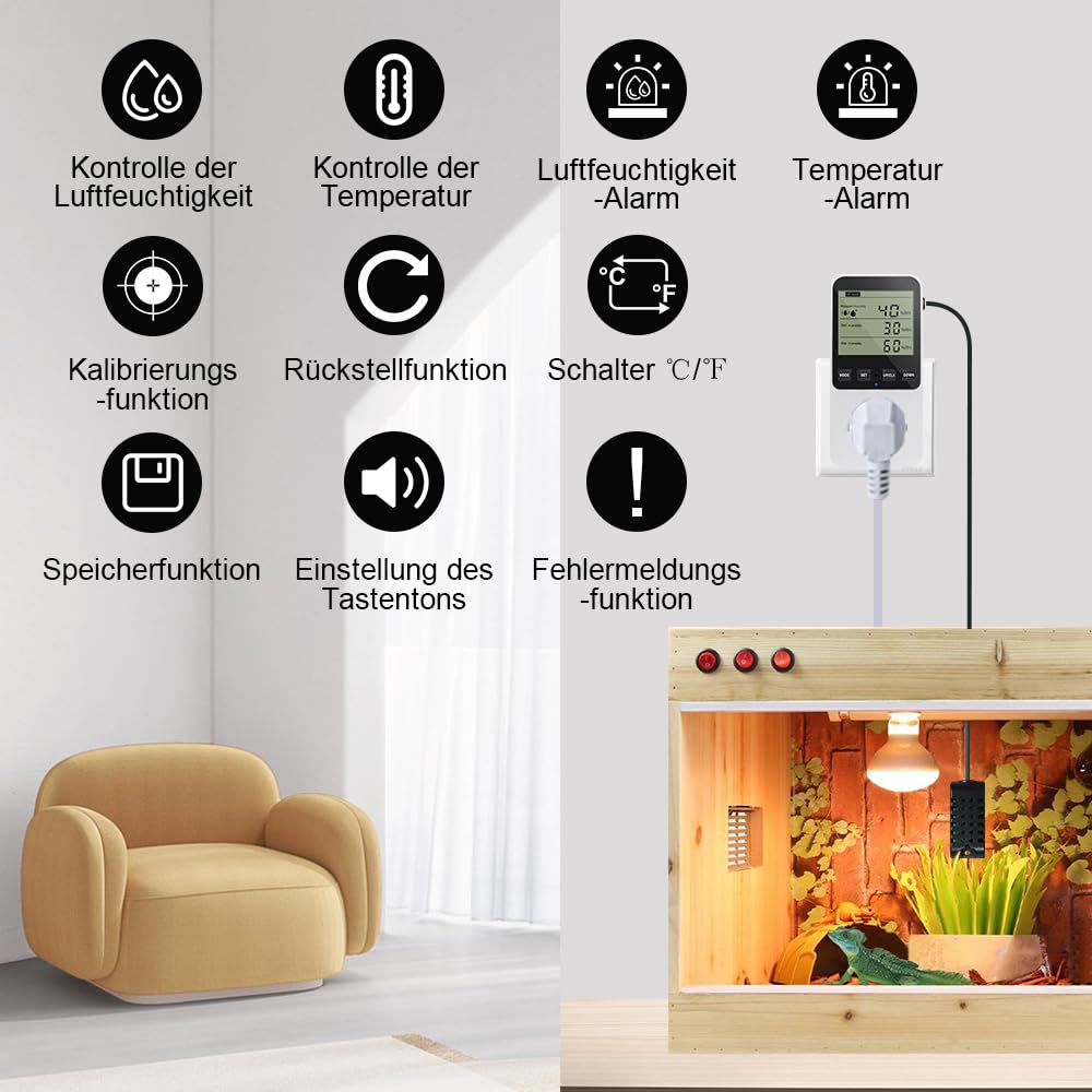 KETOTEK Digitaler Hygrostat mit Steckdose, 230V Feuchtigkeitsregler für Luftbenteuchter & Luftentfeuchter, Temperaturregler mit 3m Fühler & Alarm, für Gewächshaus, Keller, Inkubator