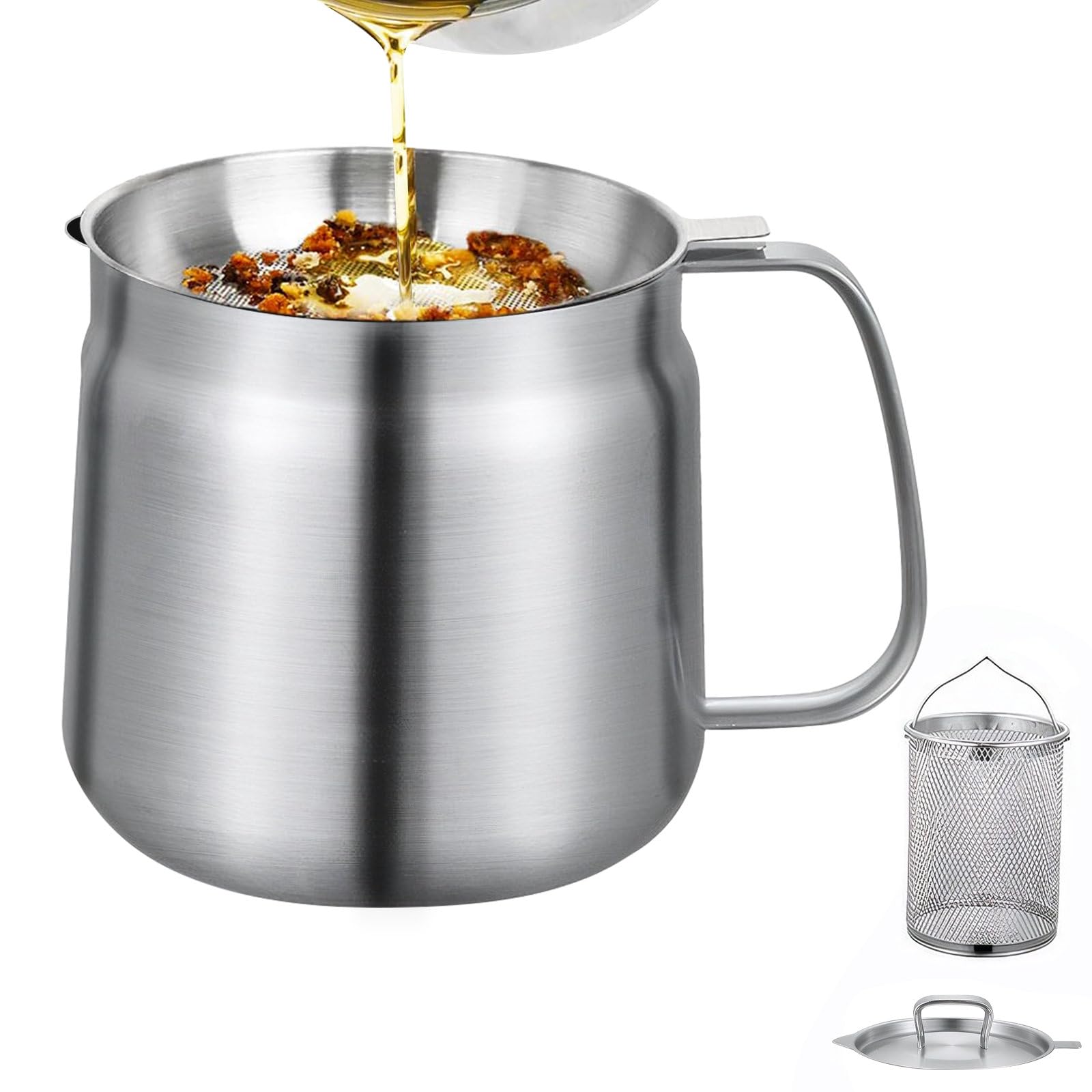 Olla de filtro de aceite de acero inoxidable 304 con cesta de filtro y malla, tapa a prueba de polvo y bandeja antideslizante con asa para almacenar, freír y cocinar grasa (1,5 L)