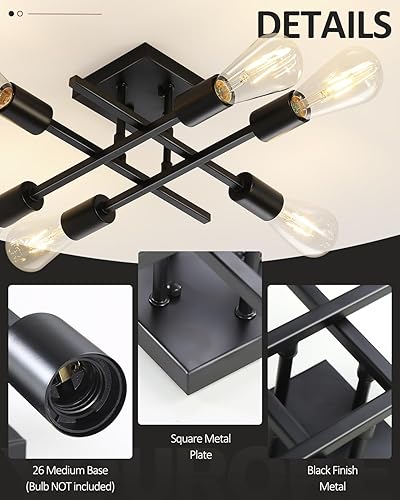 Miniatura 3 de Lámpara de techo semiempotrada de 6 luces, paquete de 2 lámparas modernas de araña Sputnik color negro, lámpara de techo E26 para cocina,