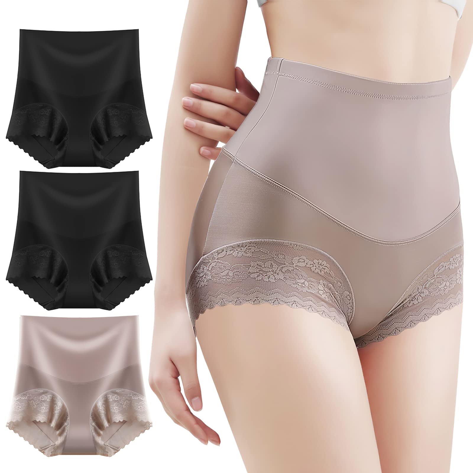 4HOW 3Pack Shapewear for Women Tummy Control High Waist Seamless Shaping Shorts Panty Slip Skim Lace Thigh Slimmer