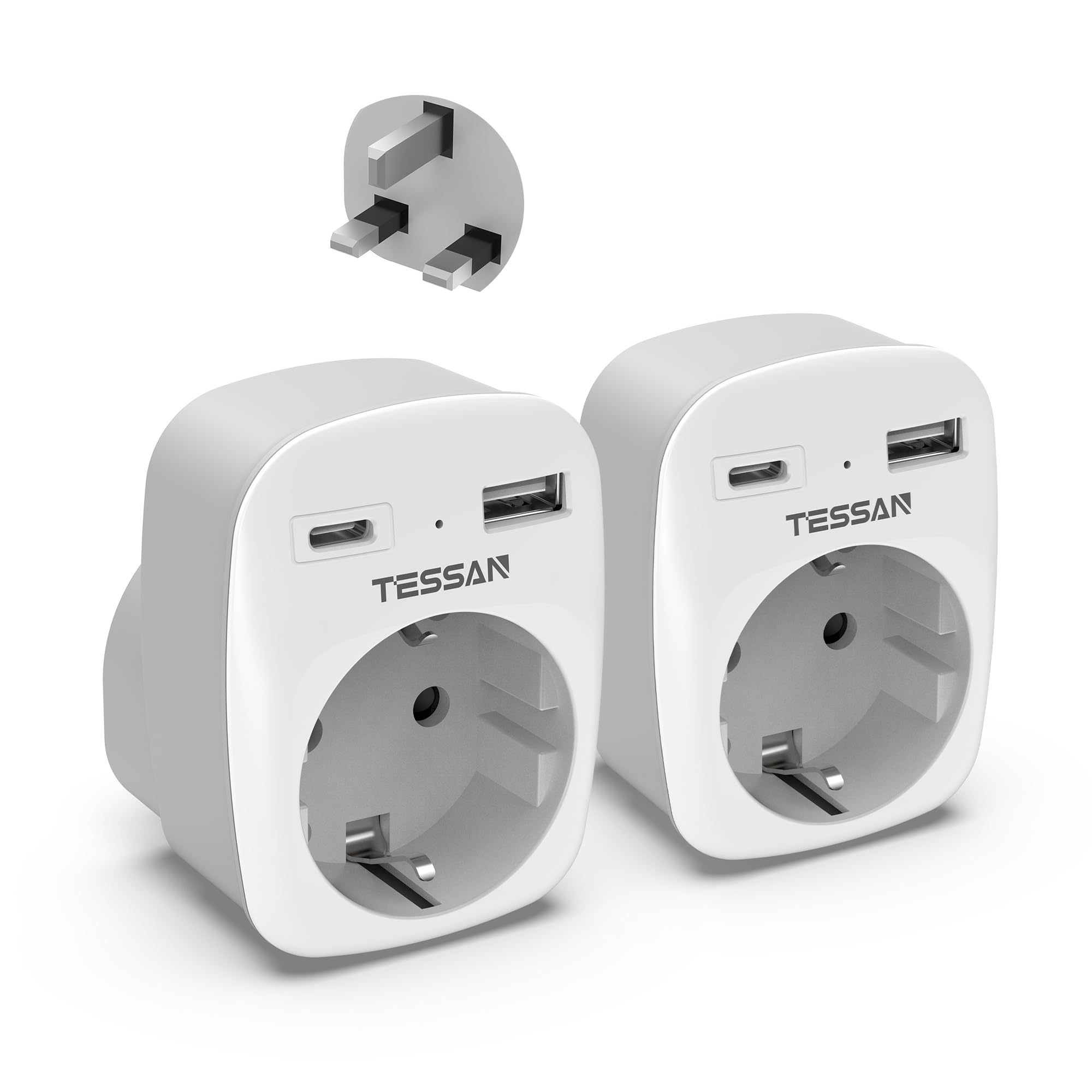 TESSAN 2 pak adapter podróżny UK adapter Anglia Niemcy wtyczka z 2 portami USB, adapter do gniazdka, wtyczka podróżna, adapter prądu do Irlandii Wielkiej Brytanii ładowarka ścienna, adapter gniazda | Adapter gniazda z USB C i USB A, 3250 W UK Adapter do I