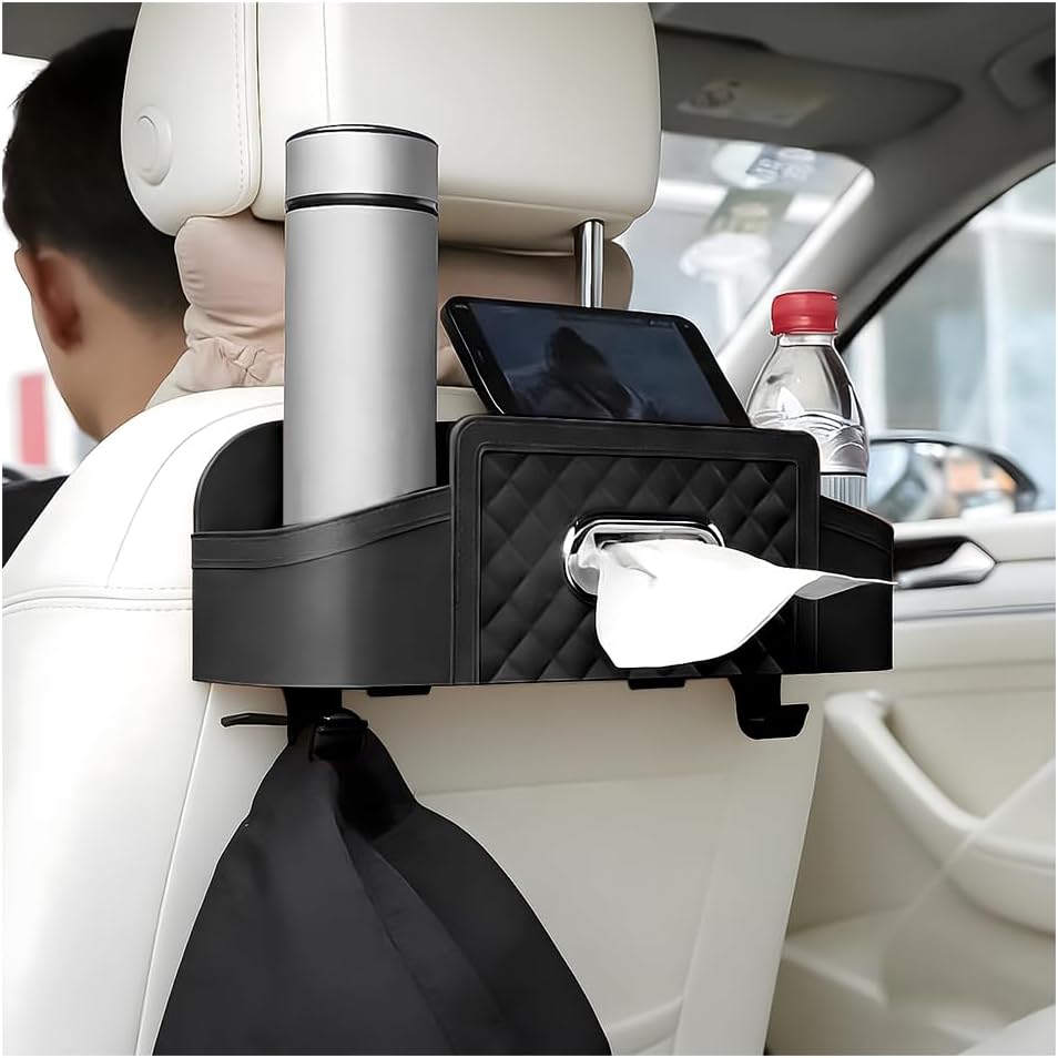 Car Headrest Backseat Organizer, Multifunctional 4-in-1 Back Seat Tissue Box with Cup Holder & Hooks, Auto Interior Seat Back Storage Box for Phone, Snack, Drinks, Universal Fit (Black)