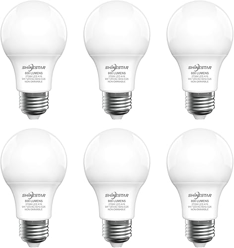 SHINESTAR Paquete de 6 bombillas LED A19 equivalentes a 60 vatios, luz blanca cálida de 2700 K, bombilla base E26, alto CRI 80+, no regulable
