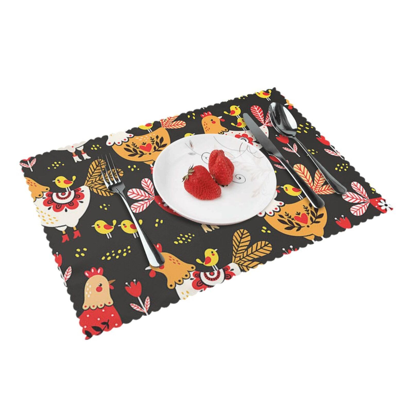 Cute Rooster Chickens Printed Placemats Set of 4 PCS Washable Placemat for Kitchen Table Heat-resistant Table Mats 45x30 CM