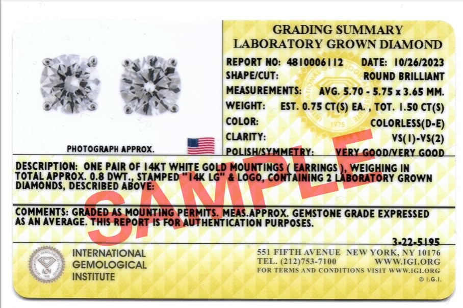 Image of IGI Certified 1 to 10 Carat D-E Color and VS1-VS2 Clarity Lab Grown Diamond Stud Earrings for Women I 14k White Gold Earrings for Her I Secure Screw Back Made in USA by Beverly Hills Jewelers