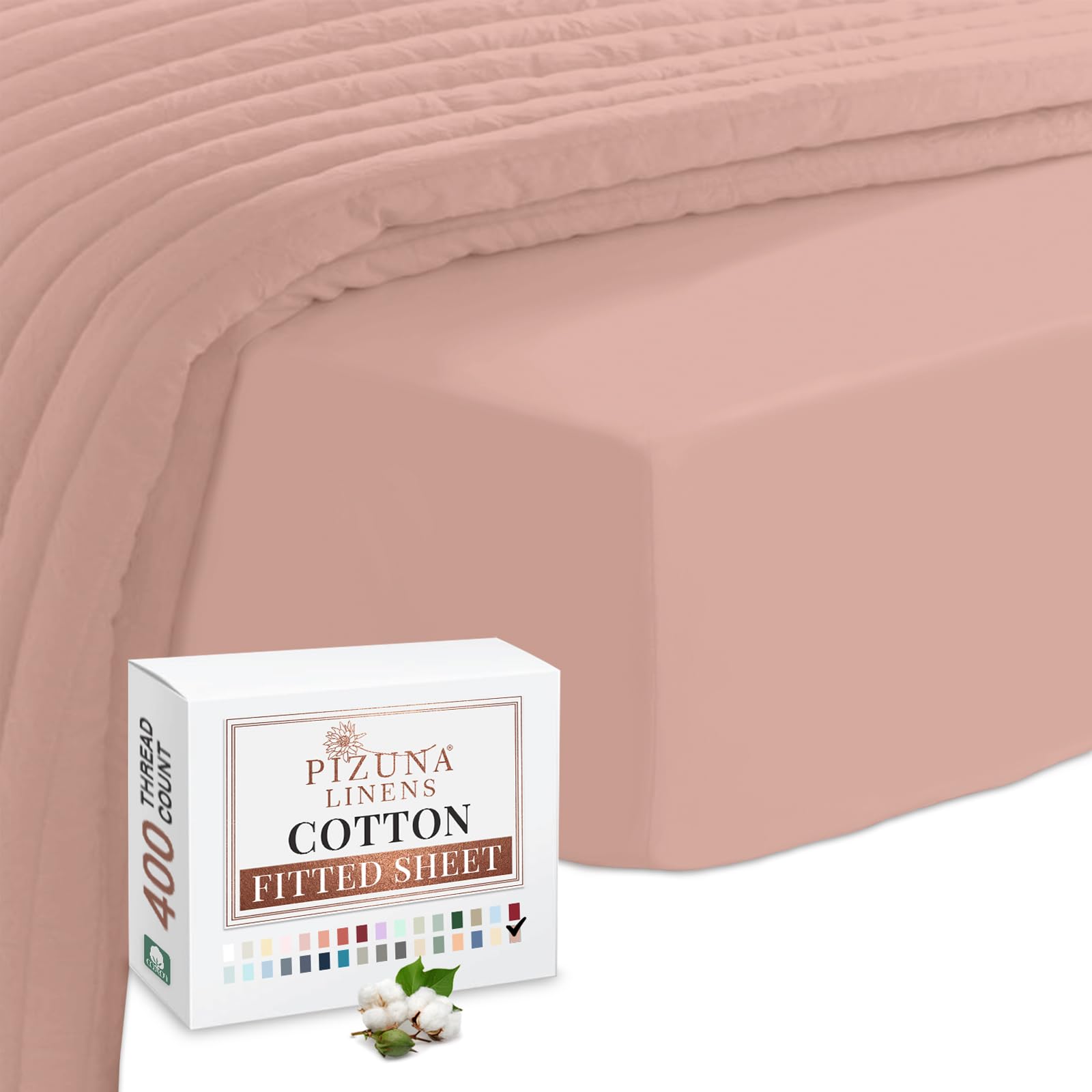 Pizuna Misty Rose 100% Cotton Small Double Fitted Sheet 400 Thread Count Long Staple Cotton Fitted Bed Sheet Small Double 4Ft 120X200 Cm, Sateen Weave 40Cm Deep 4Ft Bedsheet 1Pc