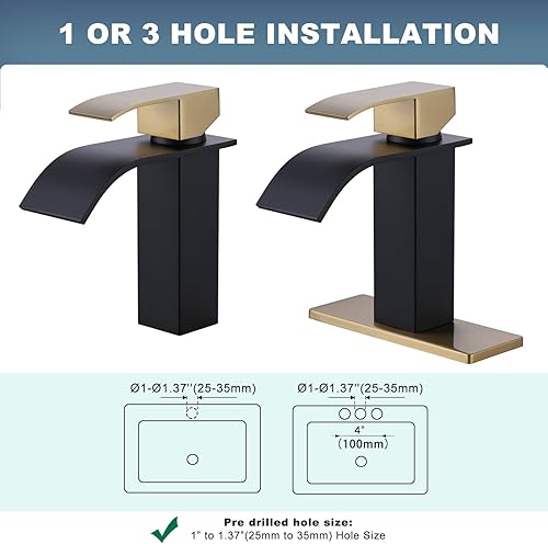 Miniatura 4 de ARCORA - Grifo de baño negro y dorado, grifo de cascada para fregadero de baño, grifo mezclador de una sola manija, grifo de tocador con placa de