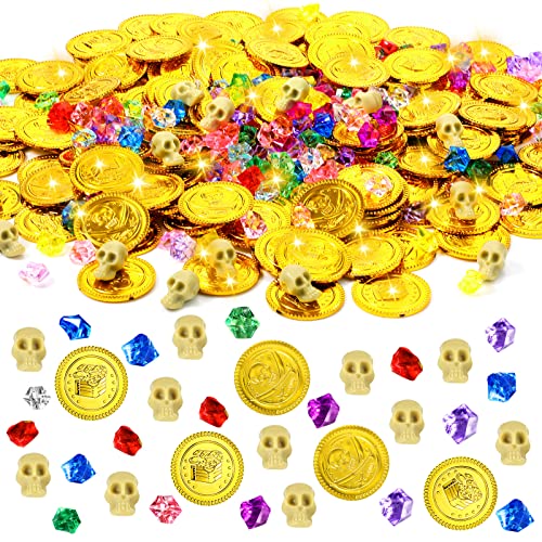 320 Pcs Gold Coins and Gem Pirate chocolate Jewelry, Including 150 Gold Coin Buried Treasure, 150 Gems and 20 Mini Skull Plastic Realistic Skeleton Head Fake Toy for Halloween Pirate Themed Party Game