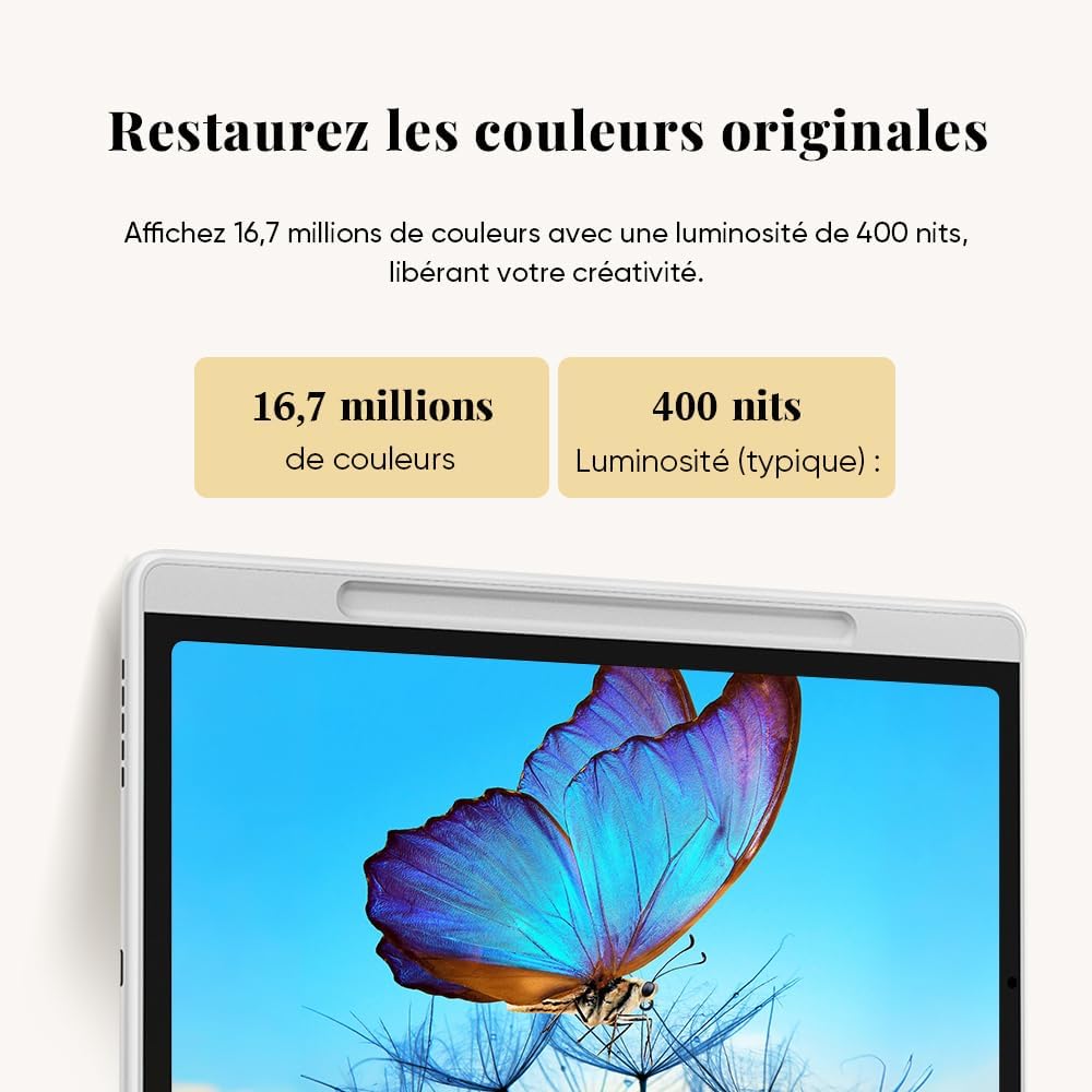 XPPen Magic Note Pad screen displaying a vibrant butterfly image, highlighting 16.7 million colors and 400 nits brightness.