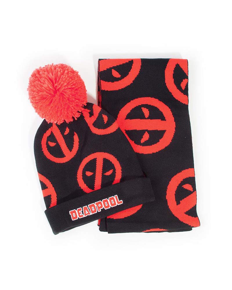 Marvel Unisex Multicoloured Difuzed Deadpool Symbol Bobble & Scarf Gift Set Beanie Hat, One Size Uk