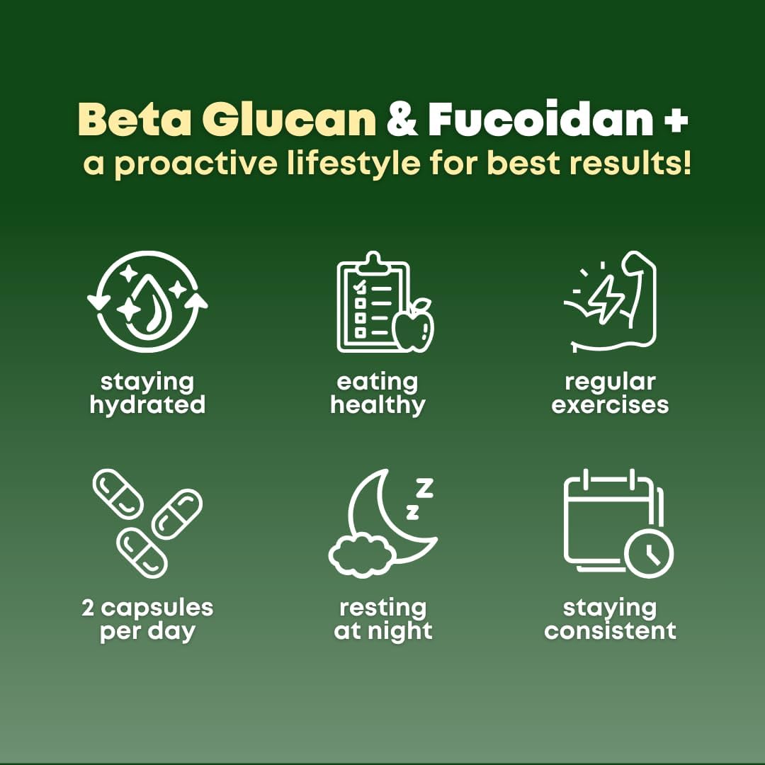 Beta Glucan & Fucoidan Brown Seaweed Extract - L Glutathione, Shiitake, Agaricus Blazei Mushroom, Vitamin C - Immune, Cellular, Healthy Aging Support - 90 Capsules, Non GMO, Gluten Free Supplement