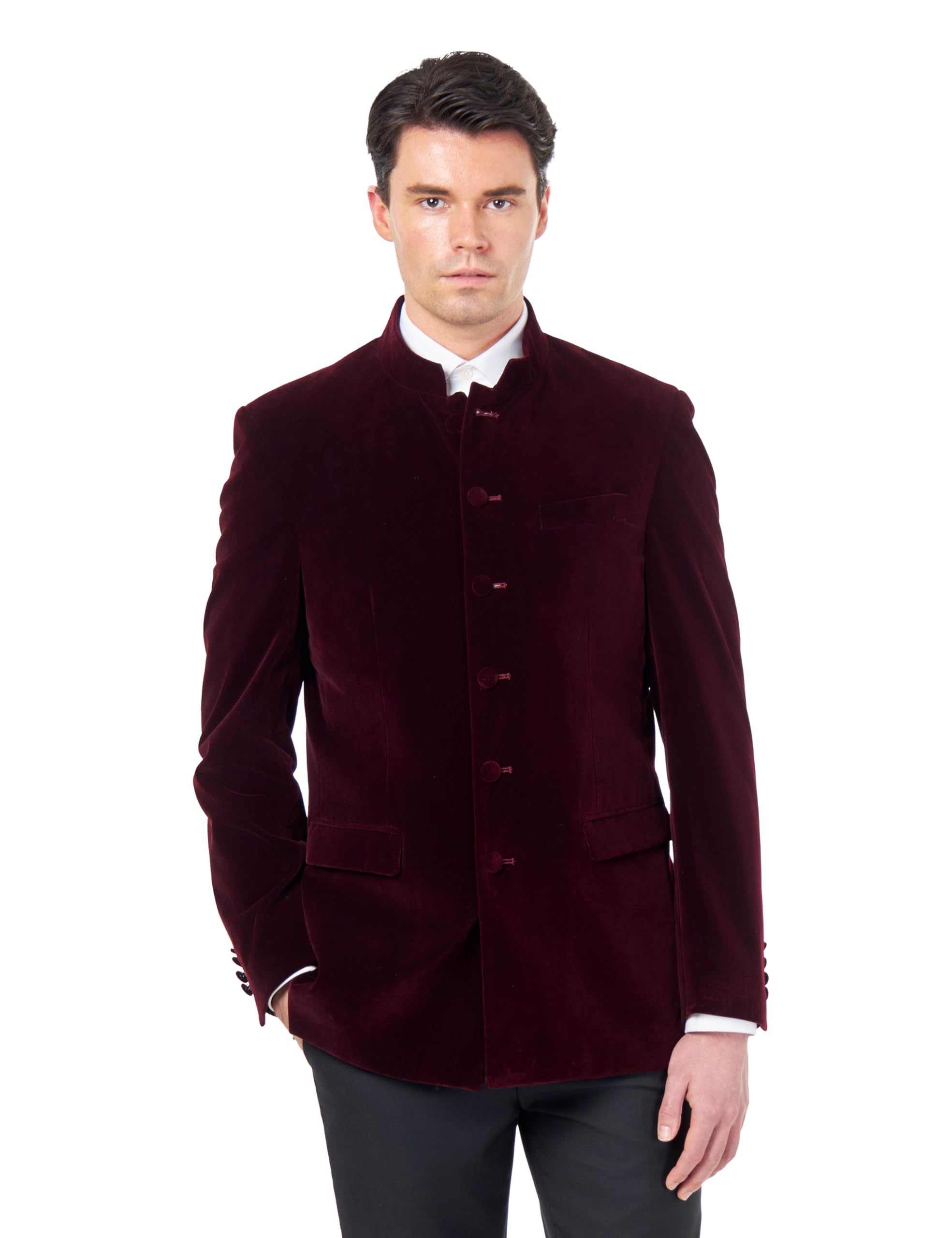 Men’s Burgundy Velvet Smoking Nehru Jacket Classic Chinese Grandad Collar Wedding Party Blazer [BLZ-HARSHIL-Burgundy, UK/US 52 EU 62]