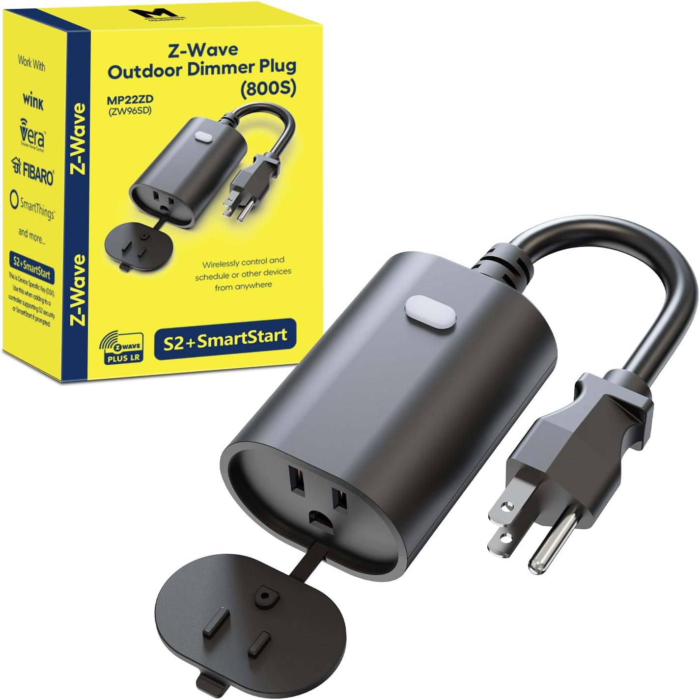 Z-Wave Plug 800 Outdoor Dimmer Zwave Dimmable Smart Plugs Outlet Switch, Z-Wave Hub Required, IP65 Weatherproof, Built-in Repeater, Work with SmartThings, Wink, Hubitat, Black (MP22ZD)