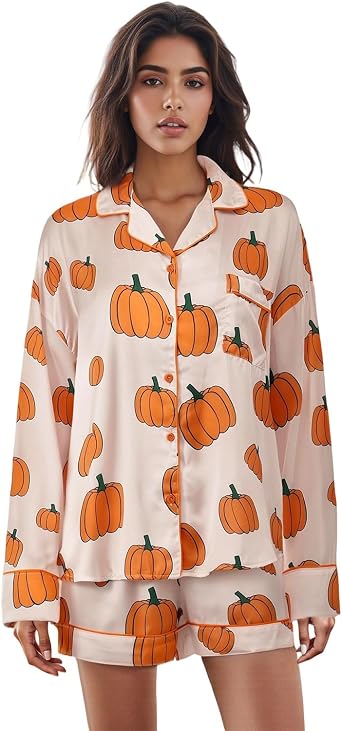 LYSINK Women Halloween Pajamas Lounge Set Pumpkin/Skull Print Long Sleeve Tops and Shorts 2 Piece Loungewear Outfits