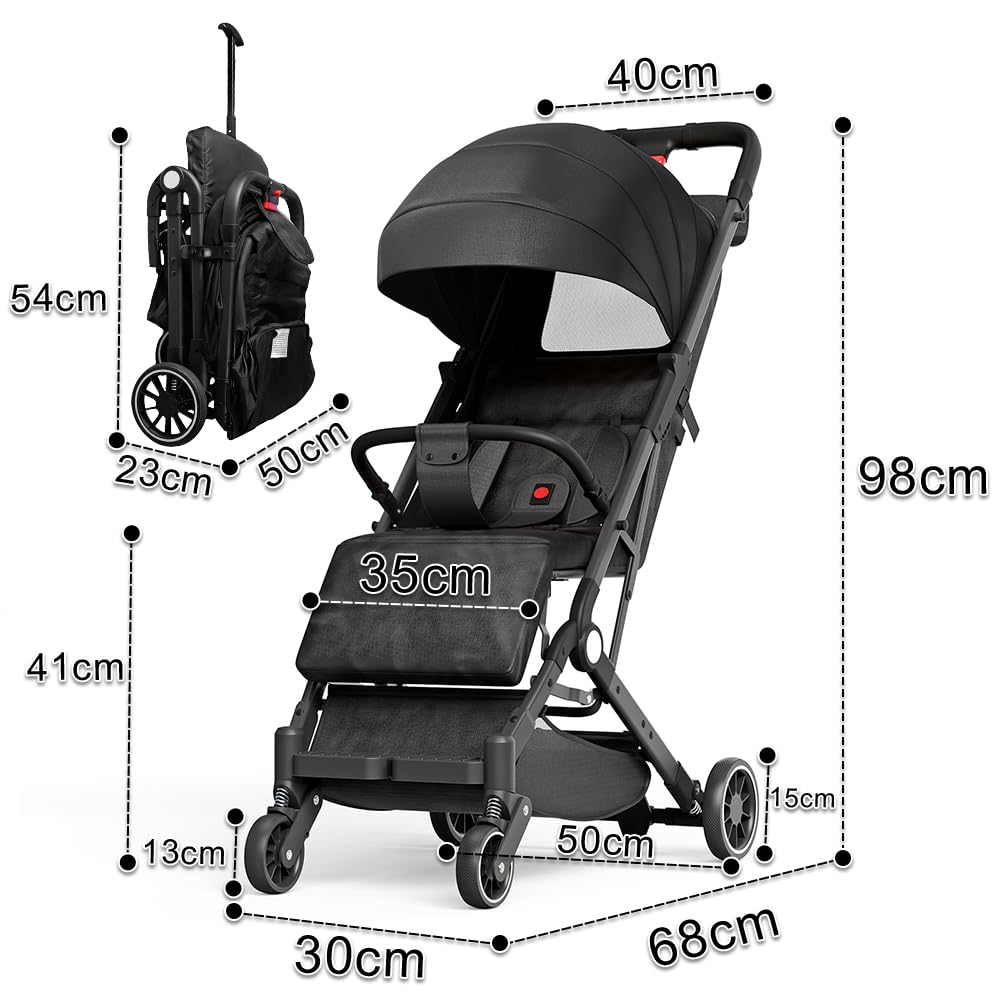 Ultra kompaktowy, wygodny i lekki wózek, od urodzenia do 4 lat, 0-15 kg, uniwersalne siedzisko dla wszystkich stopni (czarny)