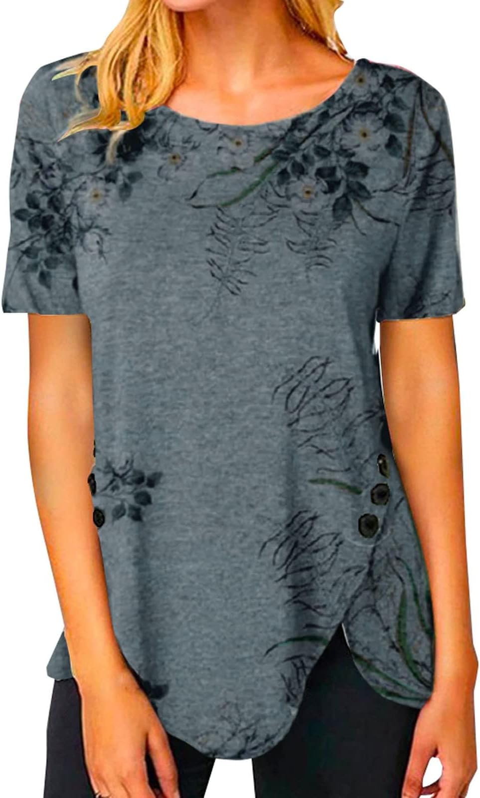 Womens Tops Dressy Casual Work,Womens Loose Fitting Tops Fashion Shirts Short Sleeve Floral Print Button Trim Blouse Tees