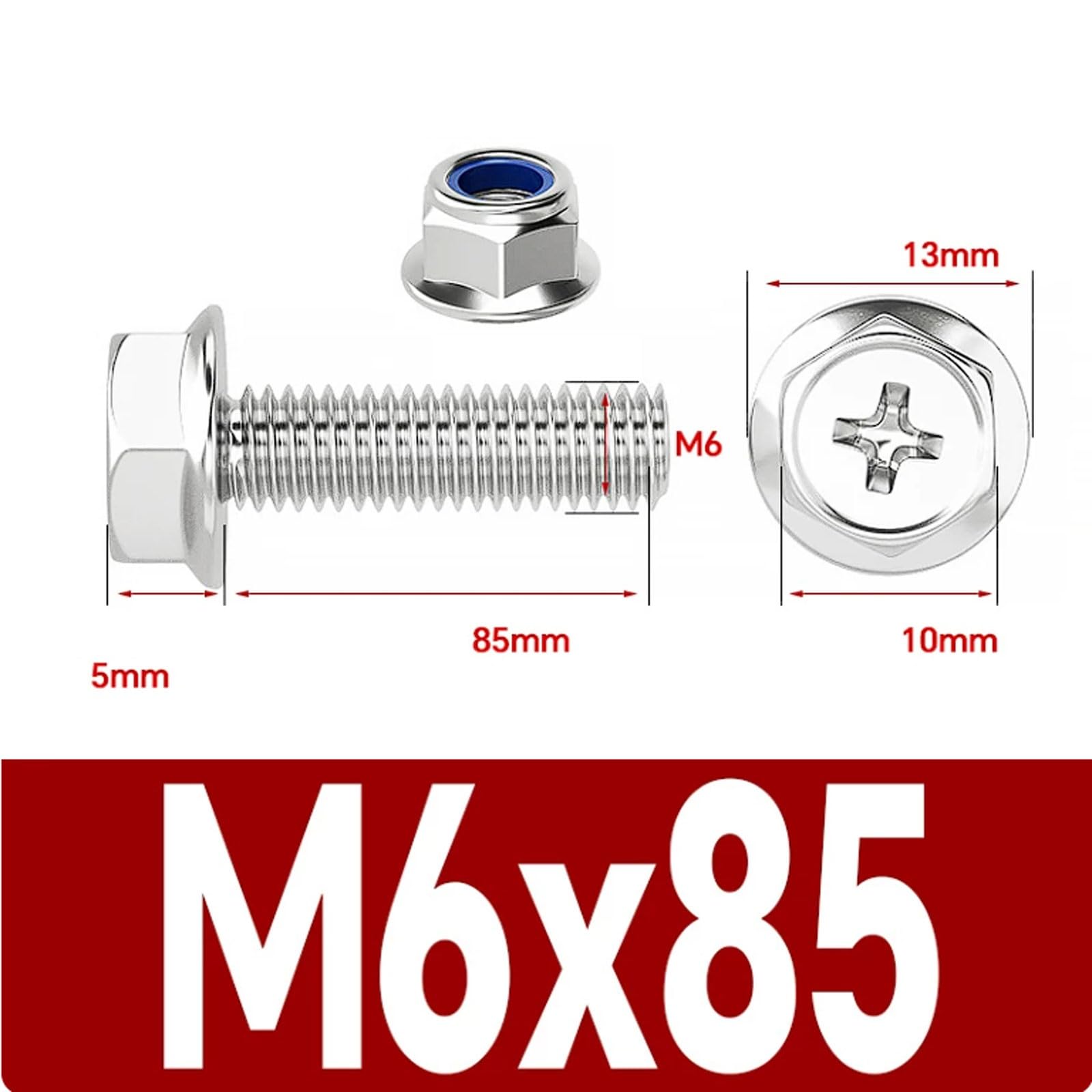 Kit de pernos y tuercas cabeza hexagonal con brida cruzada M6 acero inoxidable 304 arandelas, 20 juegos, Allen dentada(M6x85 [20 sets])