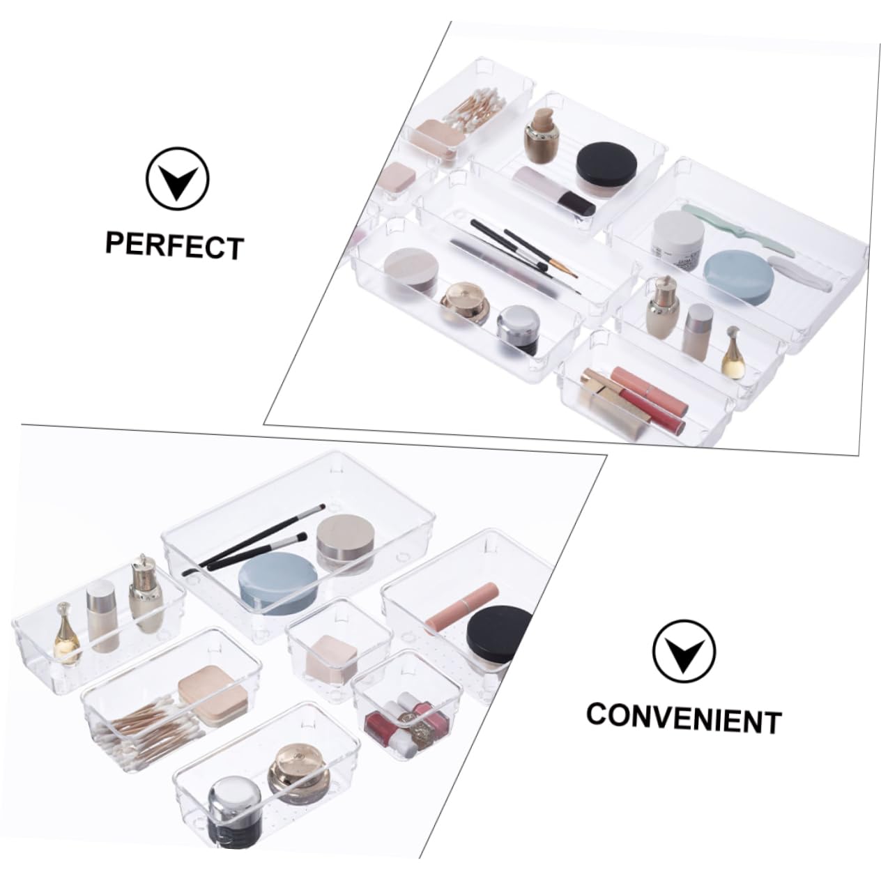 NUOBESTY Set 17 Pezzi di Organizer per Cassetti in Acrilico Trasparente, Divisori Modulari per Cosmetici e Scrivania, per Camera da Letto e Bagno
