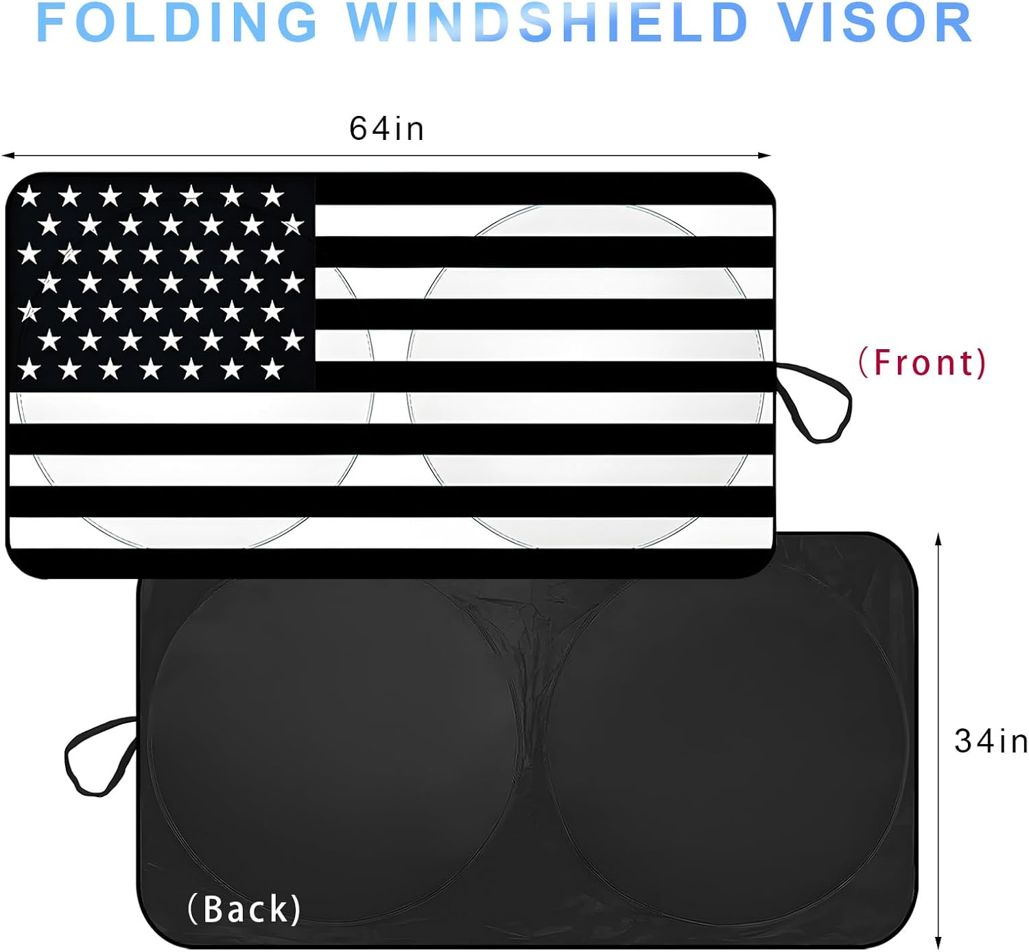 Car Windshield Sun Shade, 64"×34" American Flag Front Window Sunshade Cover Protect from 99% Sun Rays and Heat, Foldable Automotive Windshield Cover Keep Your Vehicle Cool (Black)