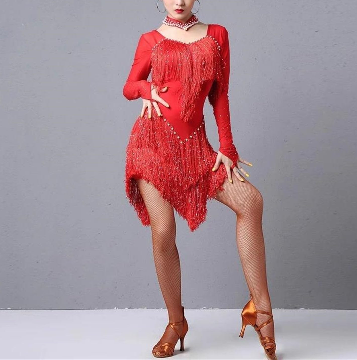 Women Latin Dance Competition Costume Winter Long Sleeve Fringed Dress Performance Wear