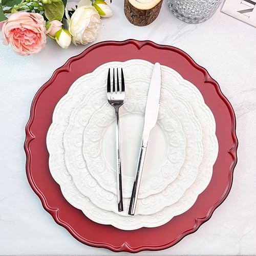 Miniatura 2 de Juego de 6 platos de carga rojos antiguos, cargador de platos de 13 pulgadas para platos llanos, platos de carga redondos de plástico para bodas,