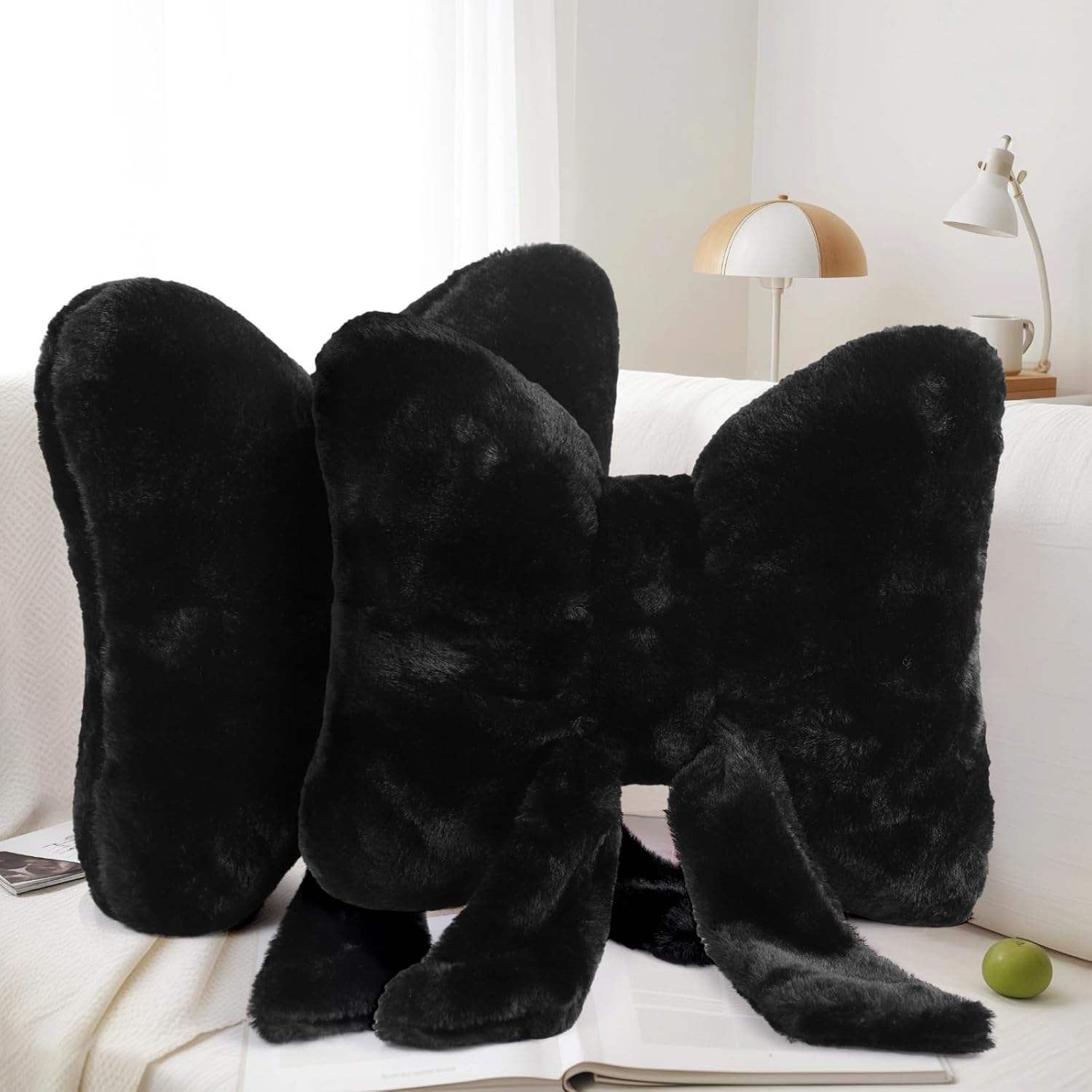 2 Pcs Black Bow Accent Pillows, Plush Decorative Cushions for Sofa and Bedroom, Soft Room Decor Ideal for Office Chairs