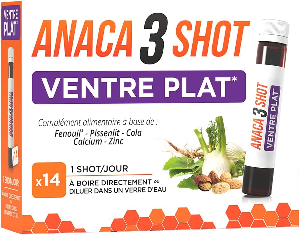 ANACA 3 - Shot Ventre Plat - Complément Alimentaire - Draine(2) & Digestion(1) - Pissenlit, Cola, Fenouil, Zinc & Calcium - Programme Minceur 14 jours - 1 Shot/Jour - Fabriqué En France - 350ml