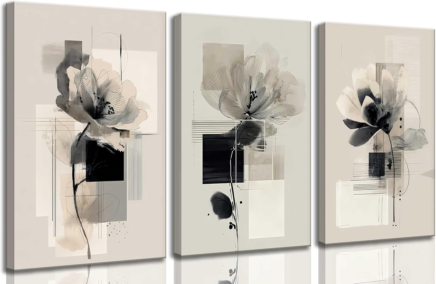 Lianyibo Frameless 3Pcs Modern Abstract Floral Canvas Wall Art Minimalist Neutral Beige And Black Flower Botanical Wall Decor Poster Print(50X70x3/Frameless)