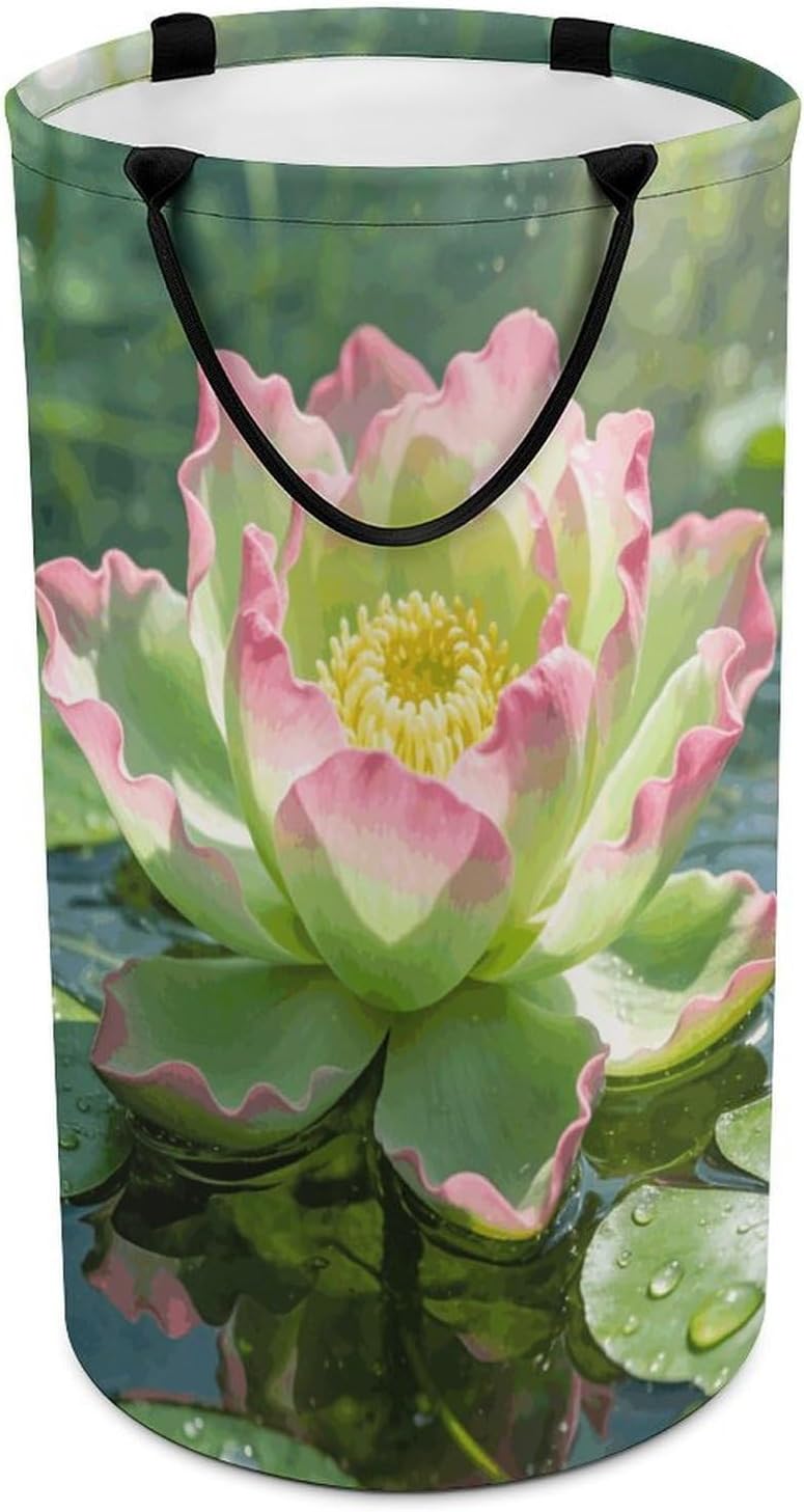 The Green Lotus Holds Dewdrops Laundry Hamper with Handles Waterproof Collapsible Laundry Basket Large Lightweight Round Dirty Clothes Hamper for Home Dorm Bathroom Decor