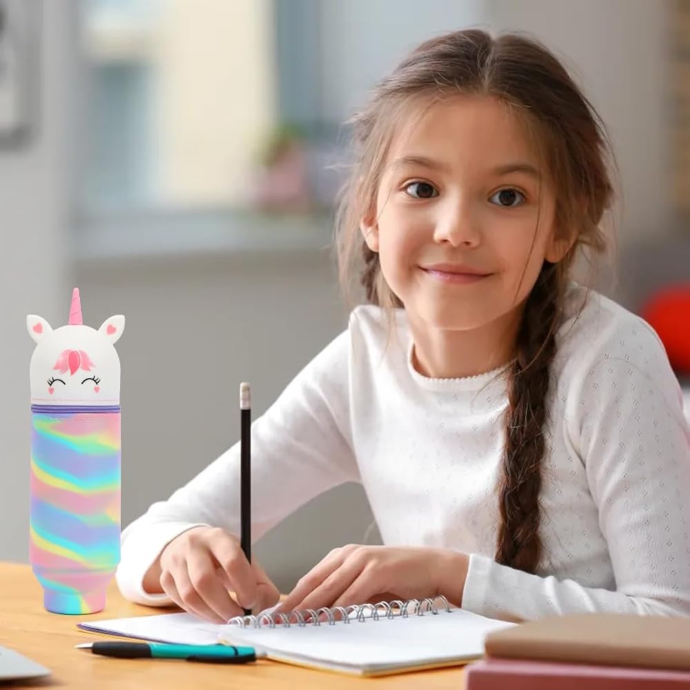 Back2Fun - Astuccio 2 in 1 in silicone morbido, Portapenne estensibile da tavolo con cerniera, Design unicorno malva per scuola bambini