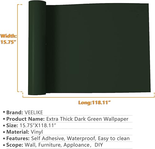 Miniatura 2 de VEELIKE Papel tapiz autoadhesivo de color verde oscuro, de 15.7 x 118 pulgadas, película de vinilo decorativo impermeable para paredes, encimeras,