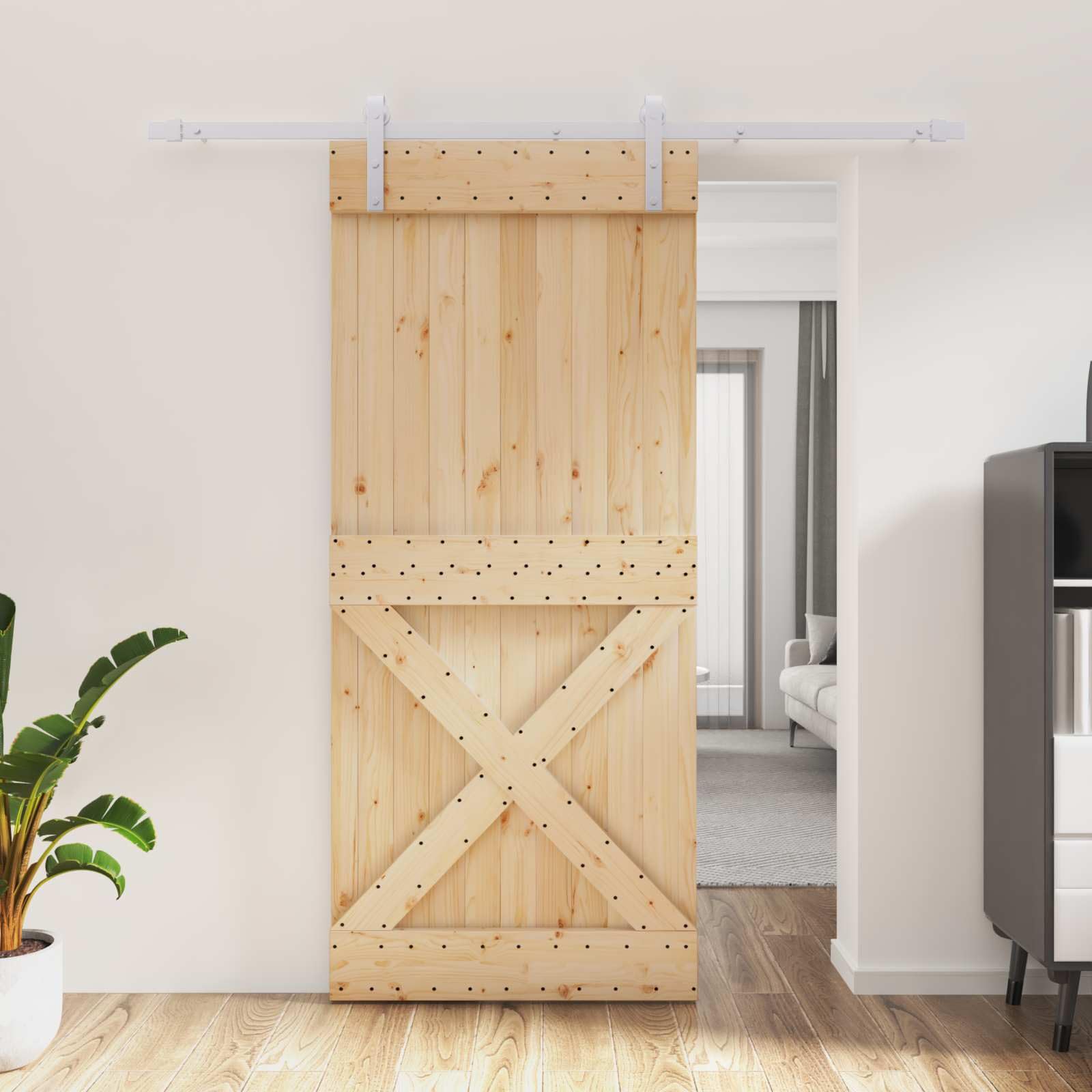 Drzwi przesuwne z litego drewna sosnowego 90 x 210 cm, naturalne i białe