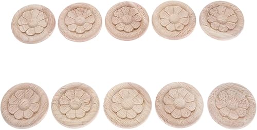 Miniatura 2 de MUXSAM Paquete de 10 calcomanías redondas de flores talladas en madera para decoración de muebles de puerta de armario (2.36 pulgadas)