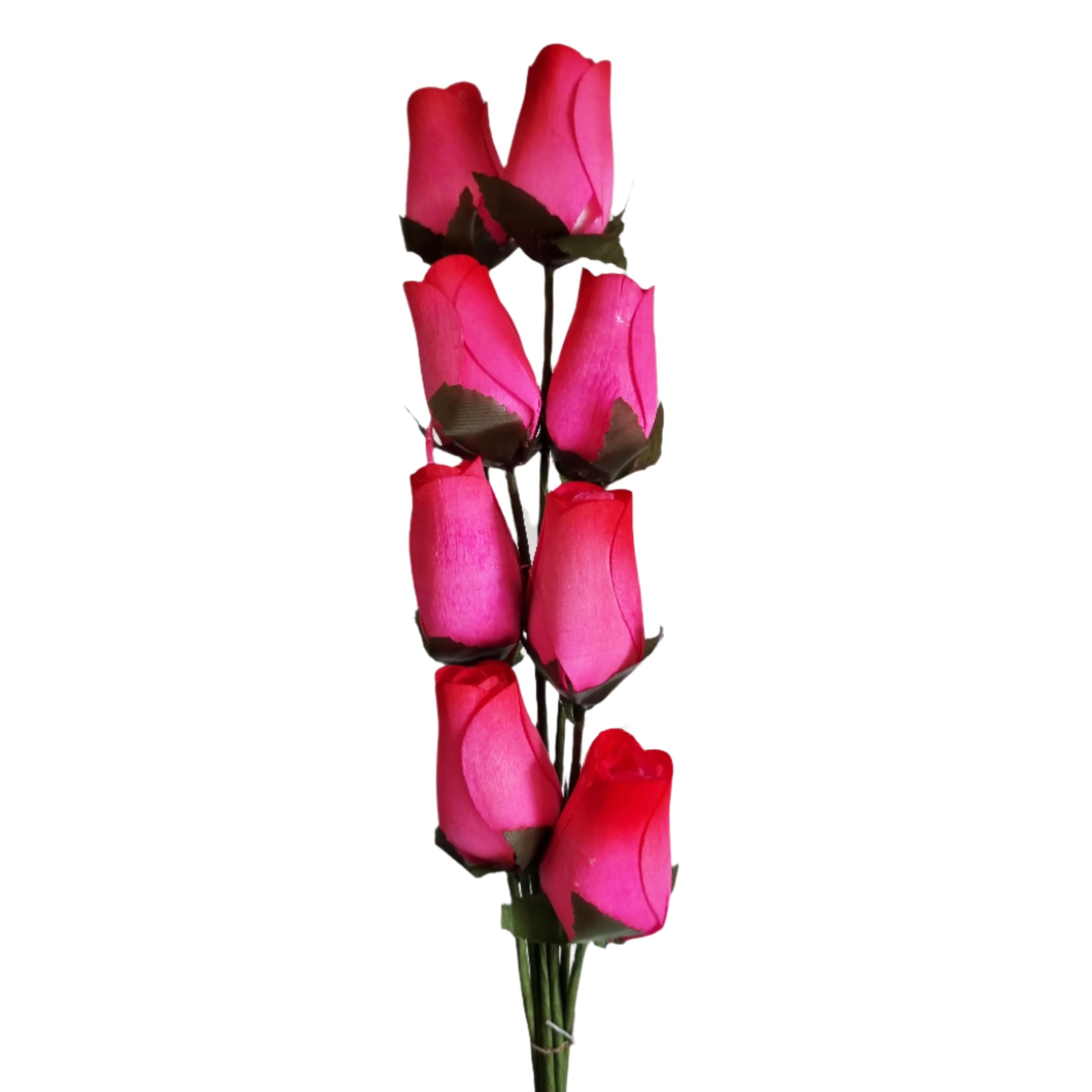 Homestreet Wooden Roses In Many Colours - 8 Single Rose Bud Stems Tied In A Bunch - Quality Small Flower Display (Pink/Red Tip)