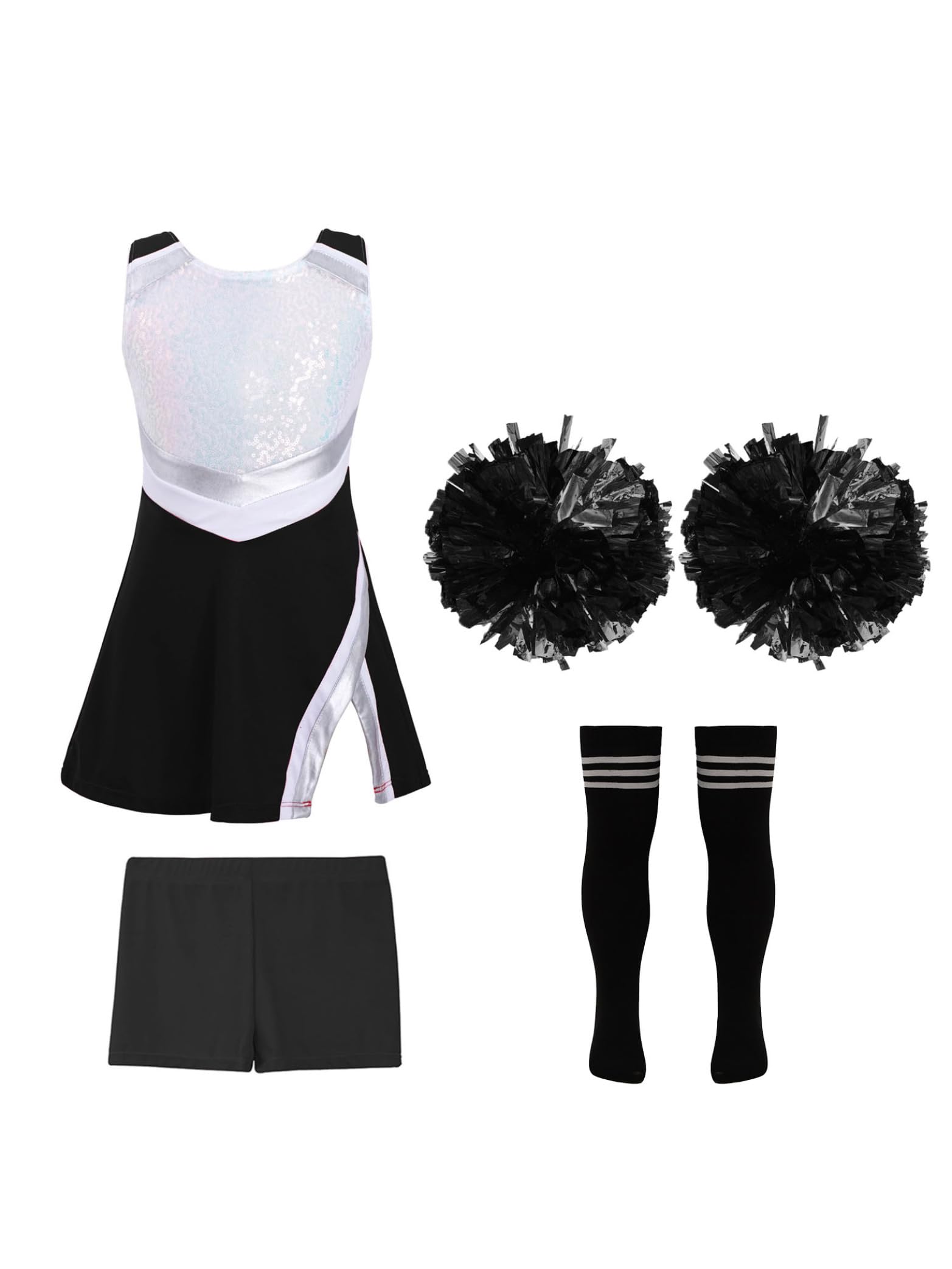 Miaeowve Kids Girls Cheer Leader Costume Cheerleading Uniform Sleeveless Shiny Sequin Dress with Shorts Set Dance Outfit A Black&White 7-8 Years