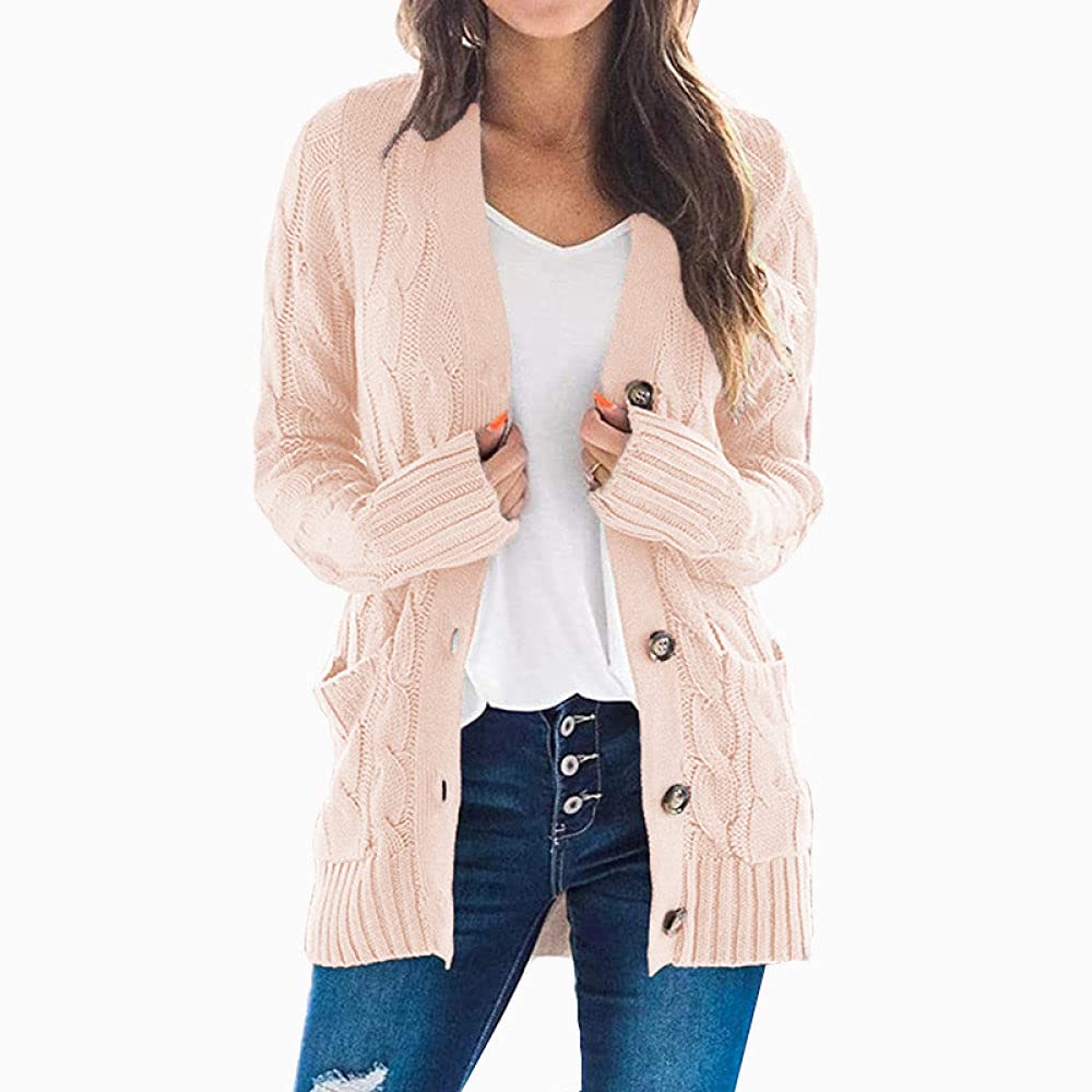 Cardigan en tricot torsadé à manches longues pour femme - Col en V ouvert sur le devant - Fermeture à bouton - En laine mélangée - Beige - Taille unique