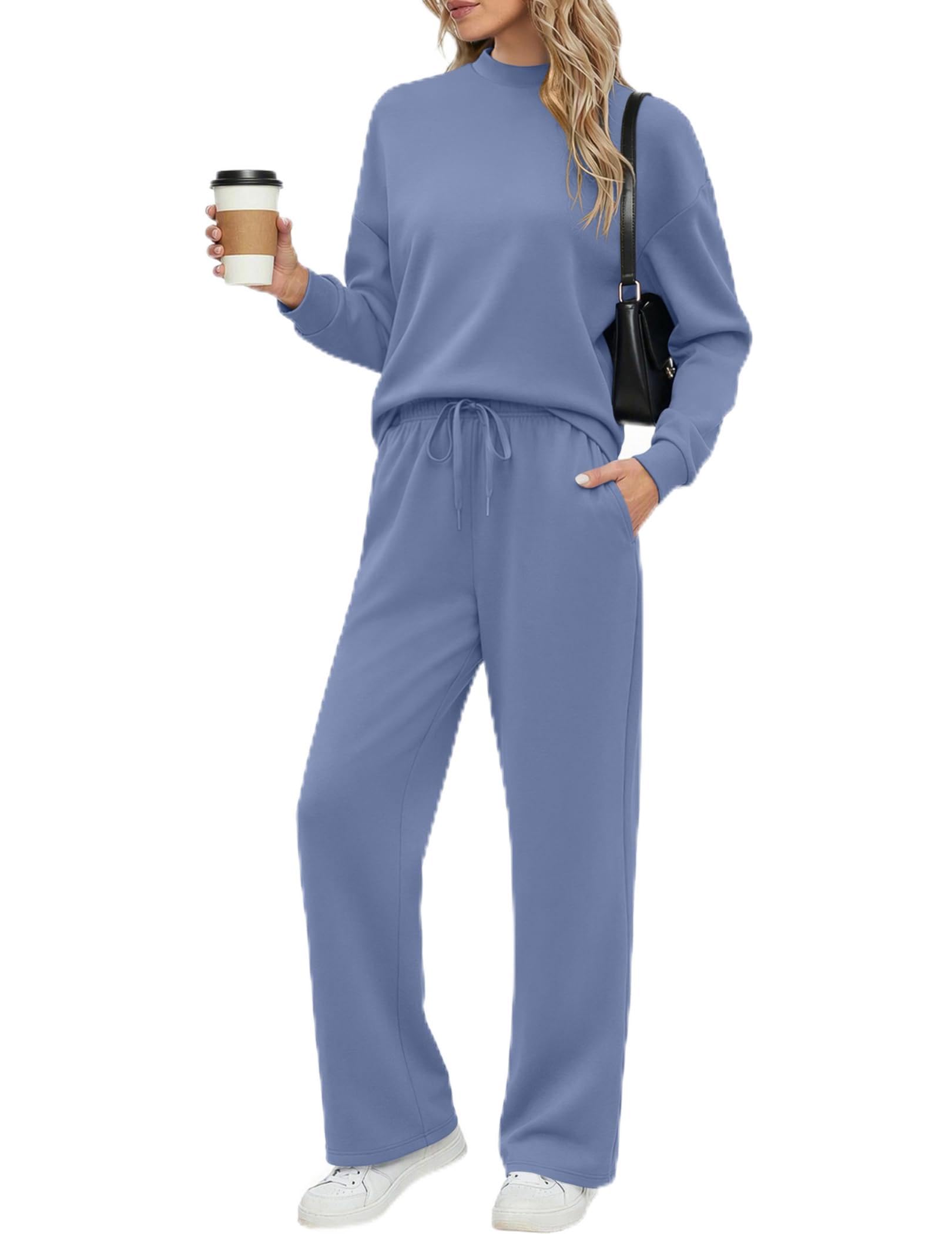 Ekouaer Two Piece Sets for Women Mock Neck Lounge Sets with Wide Leg Pants | Fall Clothes, Matching Set for Airport Travel Outfit, Cruise, Jogging, Resort Wear, Sweatsuit with Pockets