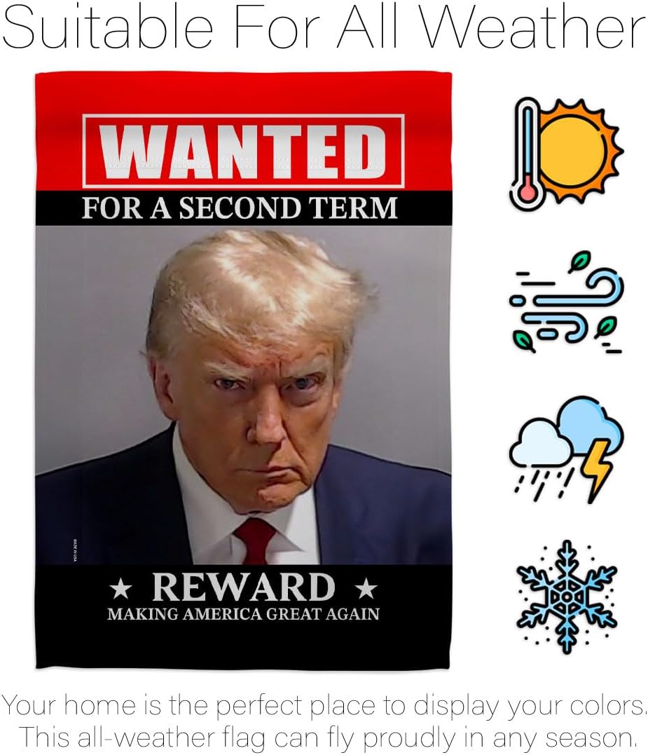 Trump Mugshot Flag Decor Wanted For A Second Term Reward Poster Making America Great Again 2024 Banner Room Wall Hanging House Flag Outdoor MAGA Decorations Tapestry Mug Shot Gifts For Him Made In USA