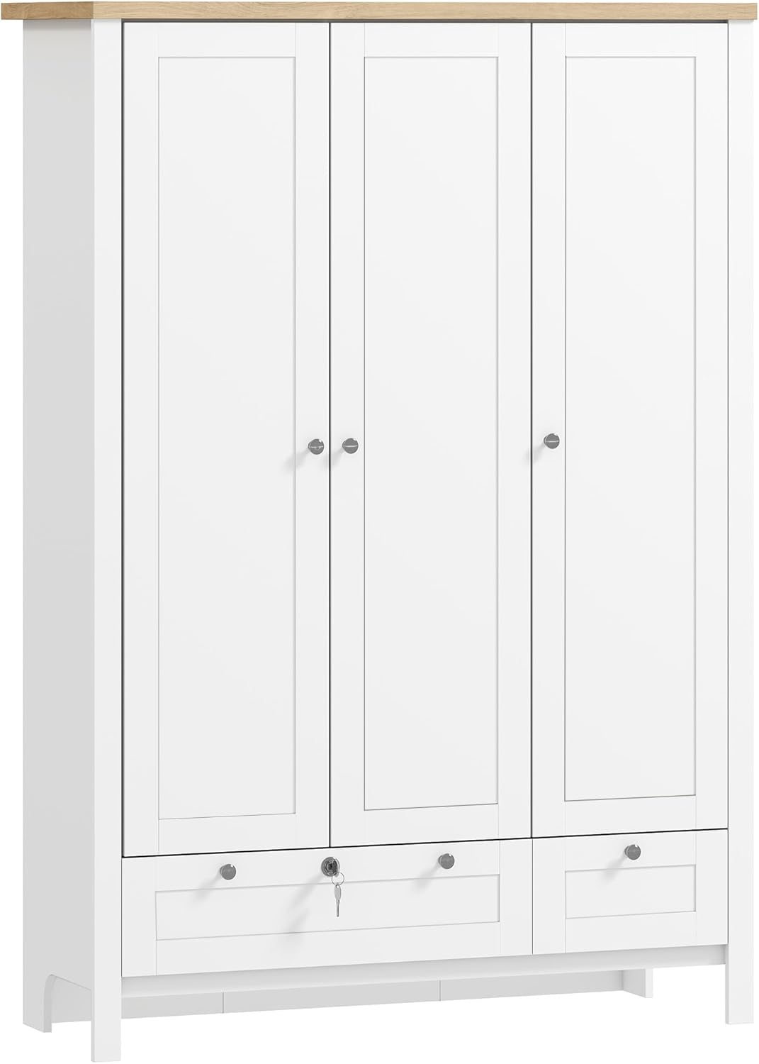 HOMCOM 3-Door White Armoire Wardrobe with Lockable Drawer, Hanging Rod, 3 Shelves & 2 Drawers - 69" Bedroom Storage Cabinet