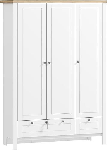 HOMCOM Armario de 3 puertas con 2 cajones, armario de almacenamiento de ropa de 69 pulgadas con cajón grande con cerradura, barra para colgar y