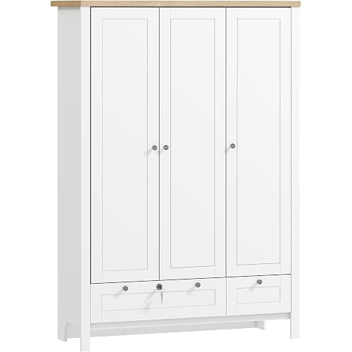 HOMCOM 3 Door Armoire Wardrobe Closet with 2 Drawers, 69" Clothing Storage Cabinet with Lockable Large Drawer, Hanging Rod and Storage Shelves for Bedroom, Wardrobe Cabinet, White