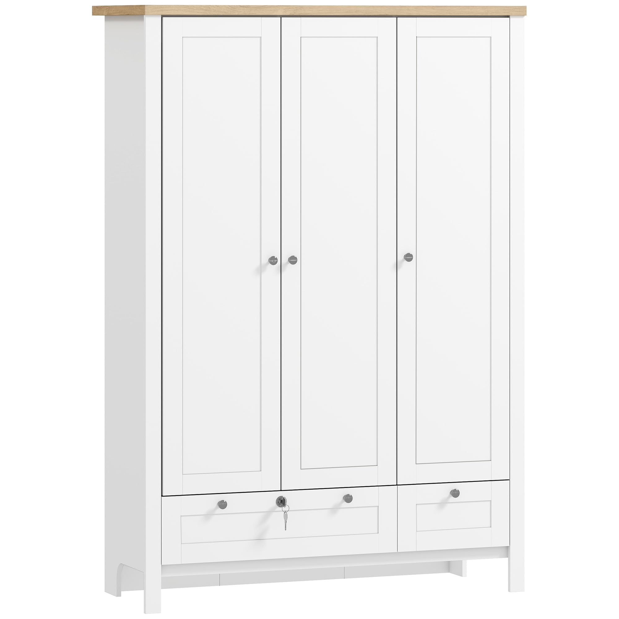 HOMCOM 3 Door Armoire Wardrobe Closet with 2 Drawers, 69" Clothing Storage Cabinet with Lockable Large Drawer, Hanging Rod and Storage Shelves for
