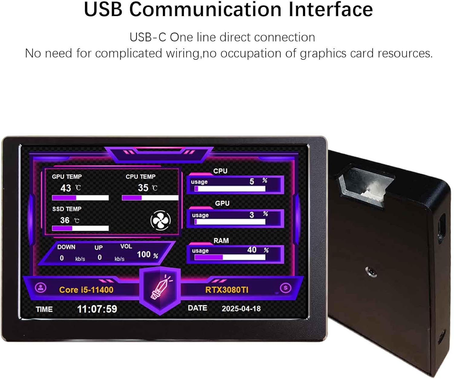 VSDISPLAY 5 Inch LCD Monitor Temp Display 800x480 for Computer PC Case Sensor Panel GPU CPU RAM Data Monitoring,Black