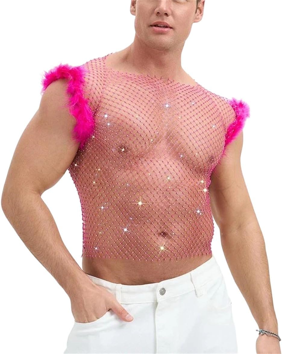 Men Tank Top Rhinestone Mesh Sleeveless Hollow Stage Performance Vest